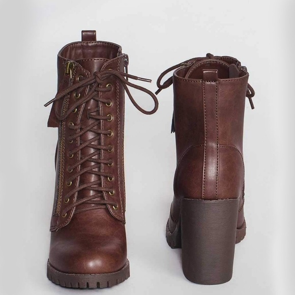 New Brown Lace Up Combat Ankle Booties Boots Chunky Block Heel Lug Sole Platform - Picture 4 of 5